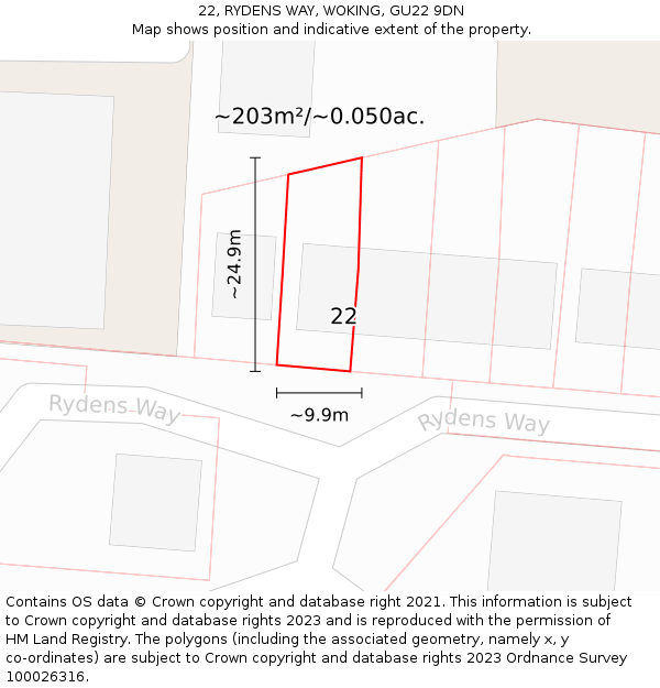 22, RYDENS WAY, WOKING, GU22 9DN: Plot and title map