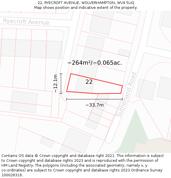 22, RYECROFT AVENUE, WOLVERHAMPTON, WV4 5UQ: Plot and title map