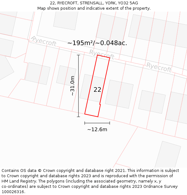 22, RYECROFT, STRENSALL, YORK, YO32 5AG: Plot and title map