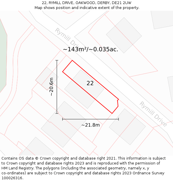 22, RYMILL DRIVE, OAKWOOD, DERBY, DE21 2UW: Plot and title map