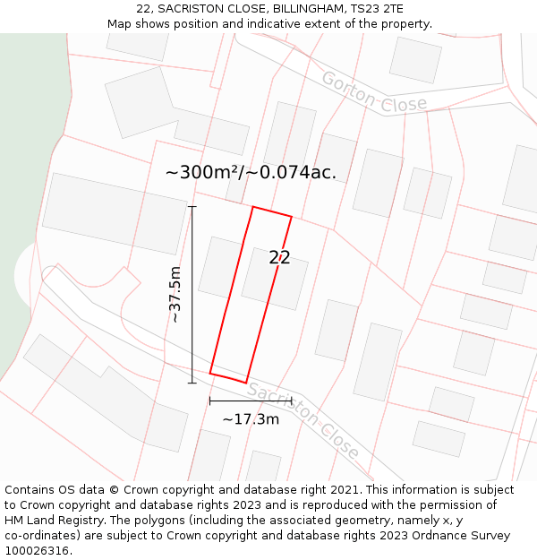 22, SACRISTON CLOSE, BILLINGHAM, TS23 2TE: Plot and title map