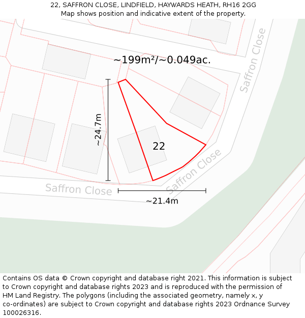 22, SAFFRON CLOSE, LINDFIELD, HAYWARDS HEATH, RH16 2GG: Plot and title map