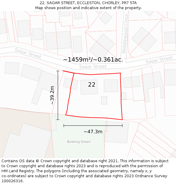 22, SAGAR STREET, ECCLESTON, CHORLEY, PR7 5TA: Plot and title map