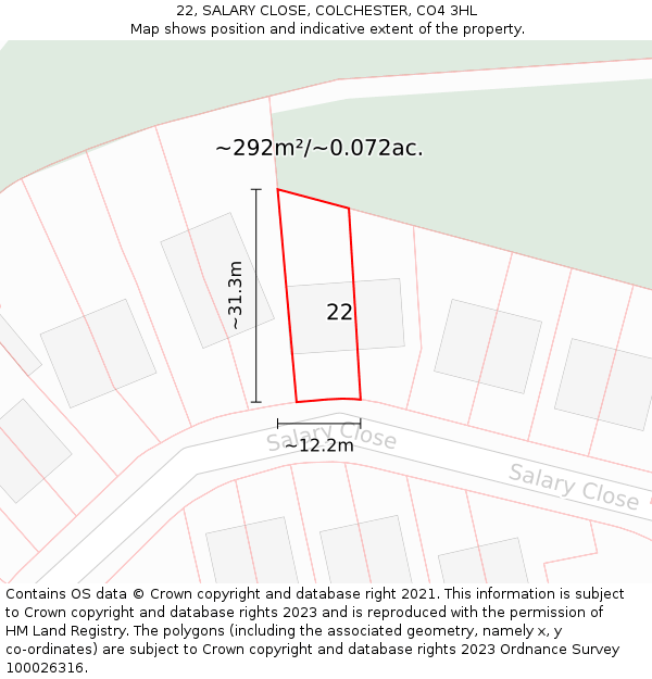 22, SALARY CLOSE, COLCHESTER, CO4 3HL: Plot and title map