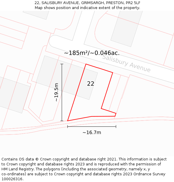 22, SALISBURY AVENUE, GRIMSARGH, PRESTON, PR2 5LF: Plot and title map