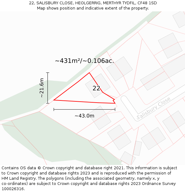 22, SALISBURY CLOSE, HEOLGERRIG, MERTHYR TYDFIL, CF48 1SD: Plot and title map