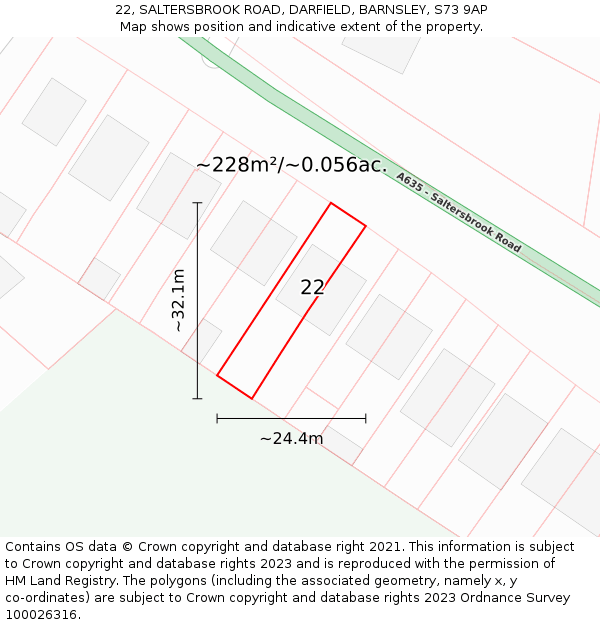 22, SALTERSBROOK ROAD, DARFIELD, BARNSLEY, S73 9AP: Plot and title map