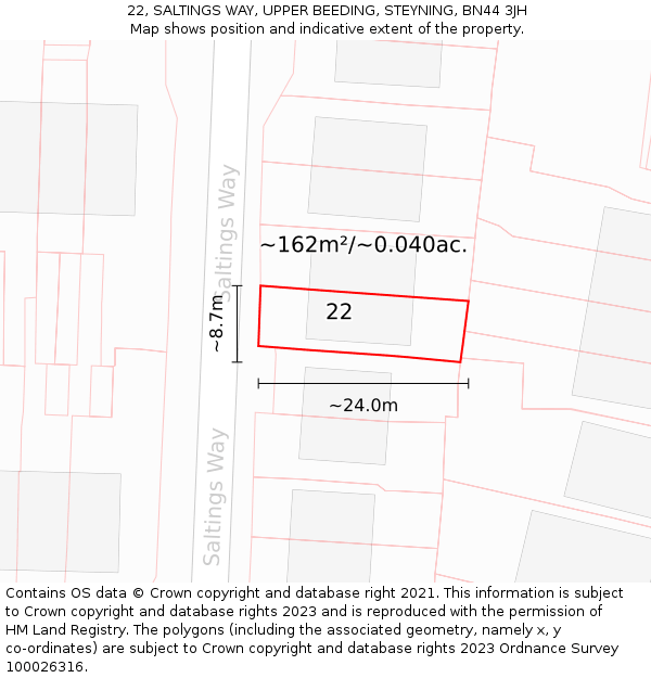 22, SALTINGS WAY, UPPER BEEDING, STEYNING, BN44 3JH: Plot and title map