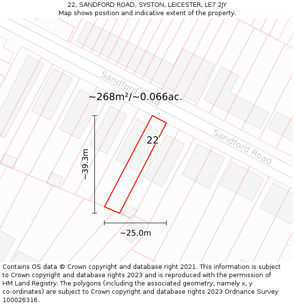 22, SANDFORD ROAD, SYSTON, LEICESTER, LE7 2JY: Plot and title map