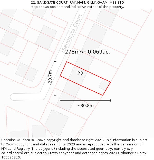 22, SANDGATE COURT, RAINHAM, GILLINGHAM, ME8 8TQ: Plot and title map
