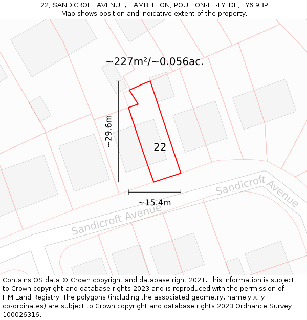 22, SANDICROFT AVENUE, HAMBLETON, POULTON-LE-FYLDE, FY6 9BP: Plot and title map