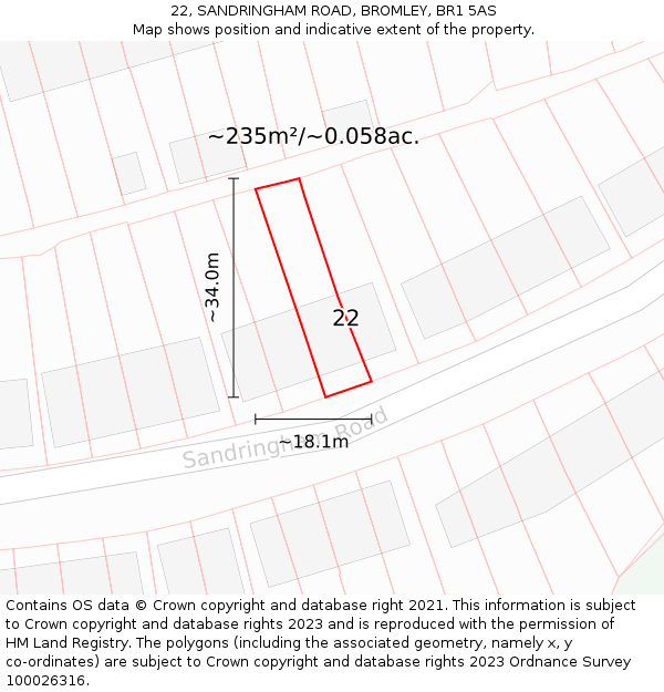 22, SANDRINGHAM ROAD, BROMLEY, BR1 5AS: Plot and title map