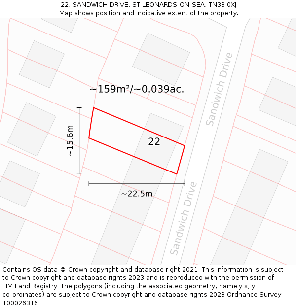 22, SANDWICH DRIVE, ST LEONARDS-ON-SEA, TN38 0XJ: Plot and title map