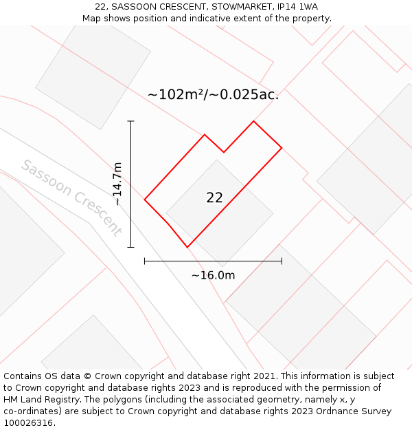 22, SASSOON CRESCENT, STOWMARKET, IP14 1WA: Plot and title map