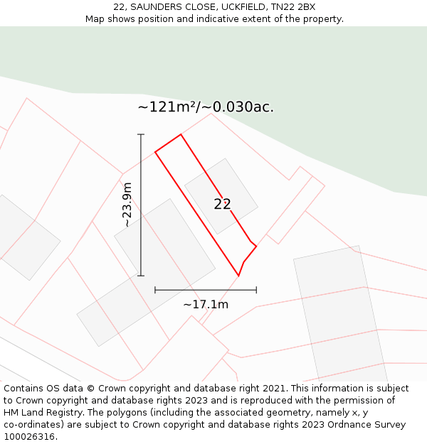22, SAUNDERS CLOSE, UCKFIELD, TN22 2BX: Plot and title map