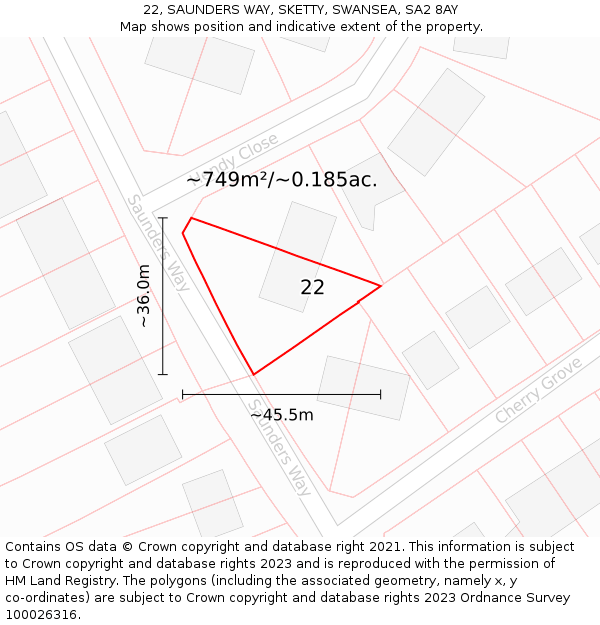 22, SAUNDERS WAY, SKETTY, SWANSEA, SA2 8AY: Plot and title map