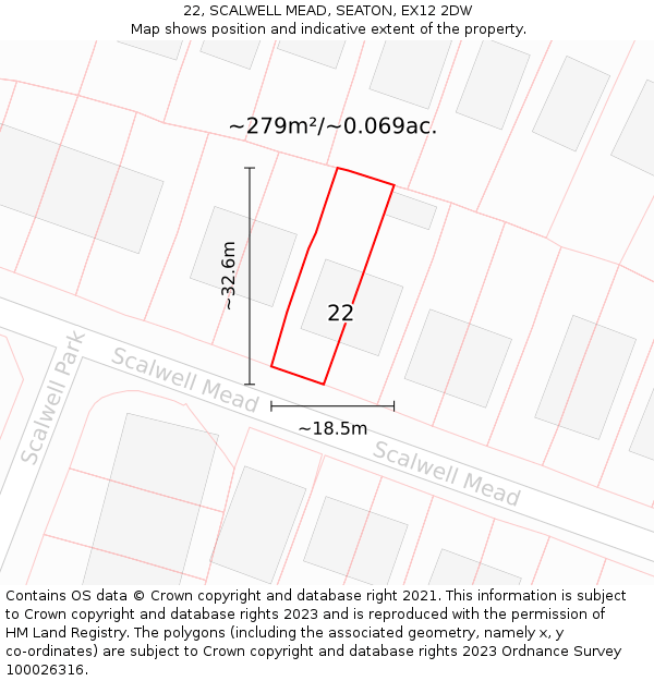 22, SCALWELL MEAD, SEATON, EX12 2DW: Plot and title map