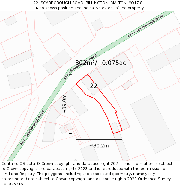 22, SCARBOROUGH ROAD, RILLINGTON, MALTON, YO17 8LH: Plot and title map