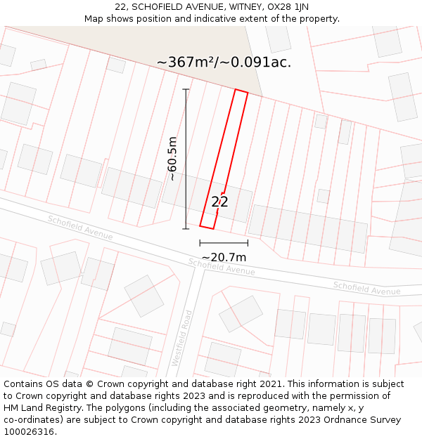 22, SCHOFIELD AVENUE, WITNEY, OX28 1JN: Plot and title map