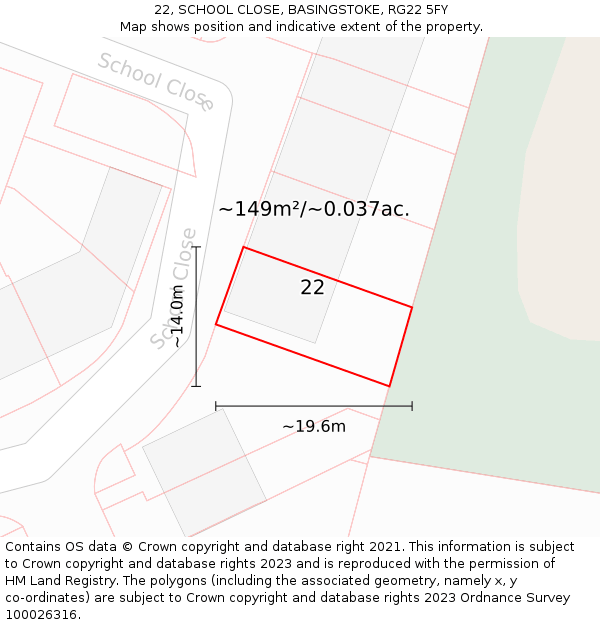 22, SCHOOL CLOSE, BASINGSTOKE, RG22 5FY: Plot and title map