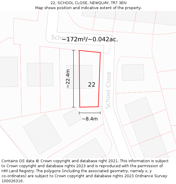22, SCHOOL CLOSE, NEWQUAY, TR7 3EN: Plot and title map