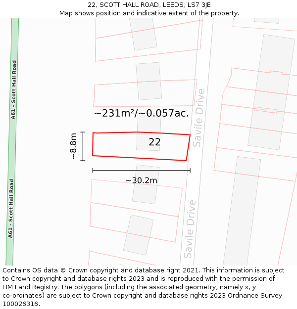 22, SCOTT HALL ROAD, LEEDS, LS7 3JE: Plot and title map