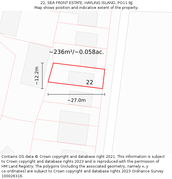 22, SEA FRONT ESTATE, HAYLING ISLAND, PO11 9JJ: Plot and title map