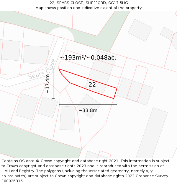 22, SEARS CLOSE, SHEFFORD, SG17 5HG: Plot and title map