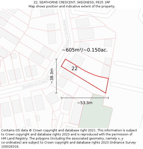 22, SEATHORNE CRESCENT, SKEGNESS, PE25 1RP: Plot and title map