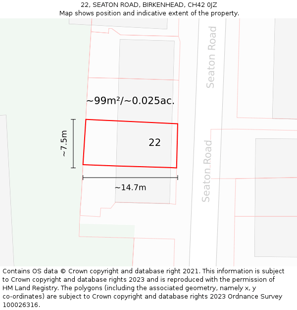 22, SEATON ROAD, BIRKENHEAD, CH42 0JZ: Plot and title map