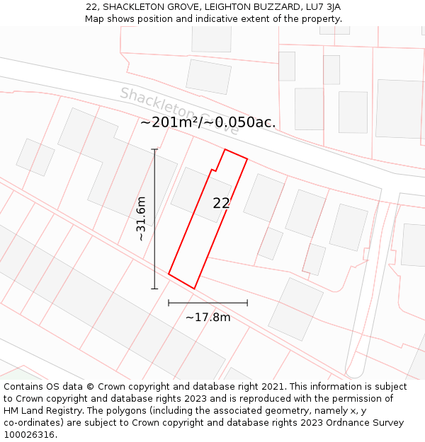 22, SHACKLETON GROVE, LEIGHTON BUZZARD, LU7 3JA: Plot and title map