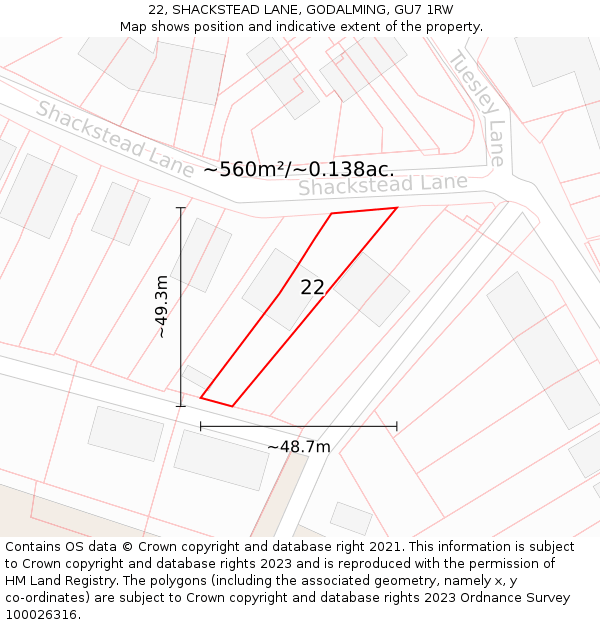 22, SHACKSTEAD LANE, GODALMING, GU7 1RW: Plot and title map