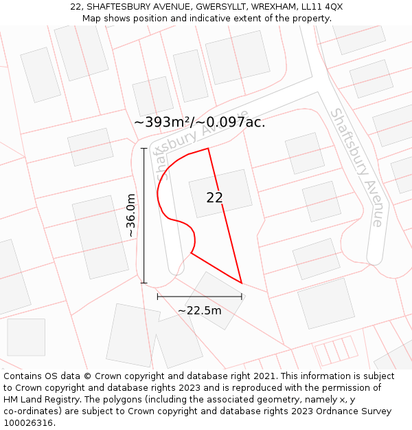 22, SHAFTESBURY AVENUE, GWERSYLLT, WREXHAM, LL11 4QX: Plot and title map