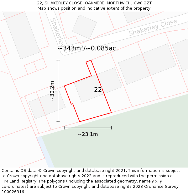 22, SHAKERLEY CLOSE, OAKMERE, NORTHWICH, CW8 2ZT: Plot and title map
