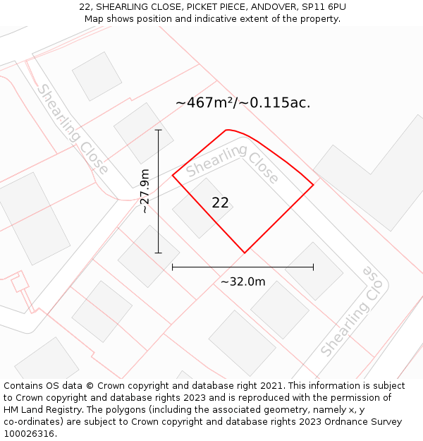 22, SHEARLING CLOSE, PICKET PIECE, ANDOVER, SP11 6PU: Plot and title map