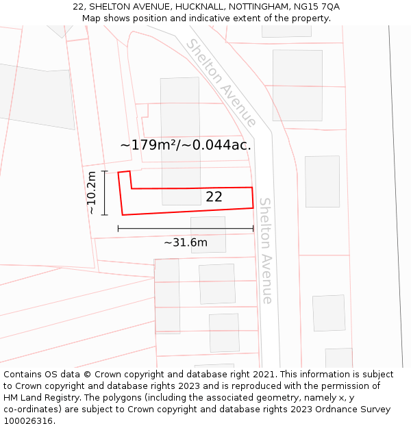 22, SHELTON AVENUE, HUCKNALL, NOTTINGHAM, NG15 7QA: Plot and title map