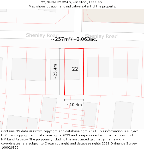 22, SHENLEY ROAD, WIGSTON, LE18 3QL: Plot and title map