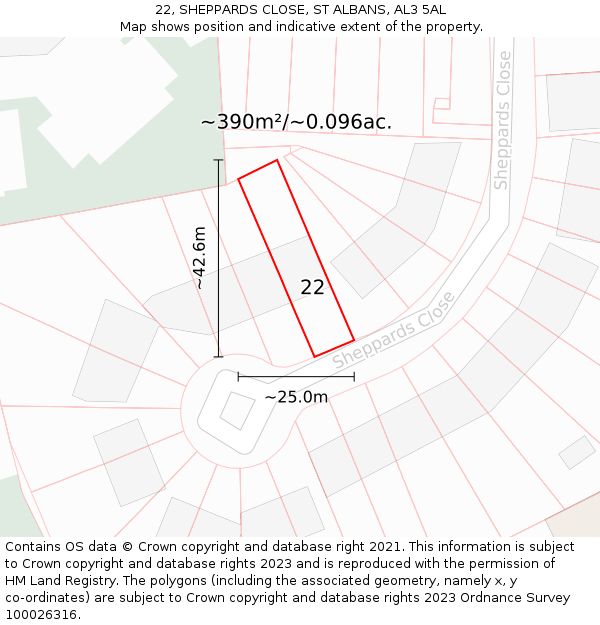 22, SHEPPARDS CLOSE, ST ALBANS, AL3 5AL: Plot and title map