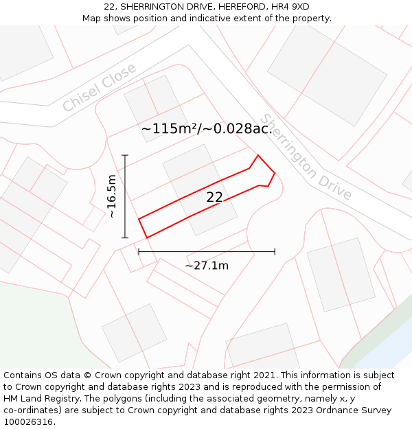 22, SHERRINGTON DRIVE, HEREFORD, HR4 9XD: Plot and title map