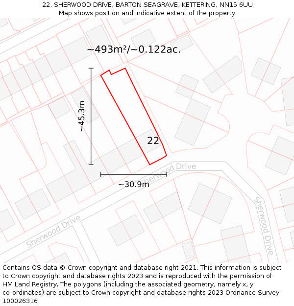 22, SHERWOOD DRIVE, BARTON SEAGRAVE, KETTERING, NN15 6UU: Plot and title map