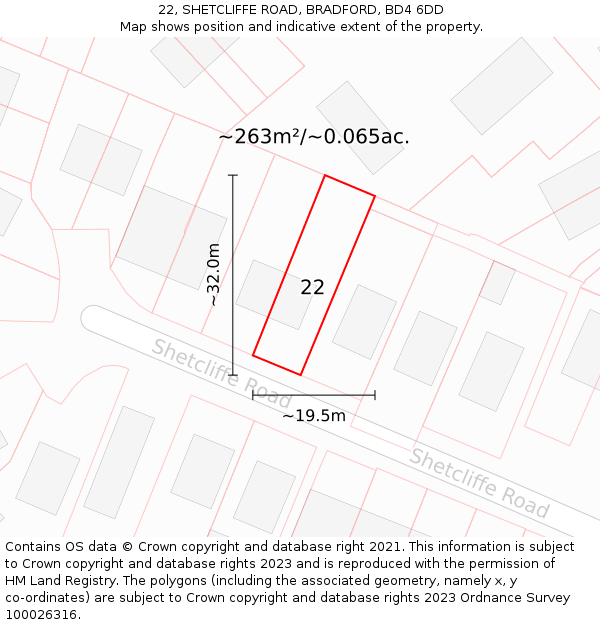 22, SHETCLIFFE ROAD, BRADFORD, BD4 6DD: Plot and title map