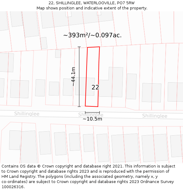22, SHILLINGLEE, WATERLOOVILLE, PO7 5RW: Plot and title map