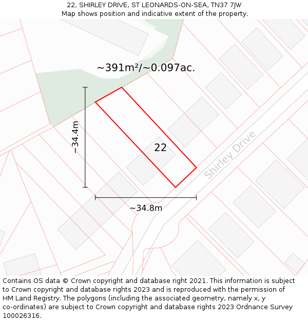 22, SHIRLEY DRIVE, ST LEONARDS-ON-SEA, TN37 7JW: Plot and title map