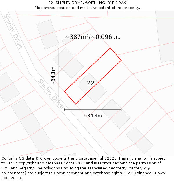 22, SHIRLEY DRIVE, WORTHING, BN14 9AX: Plot and title map