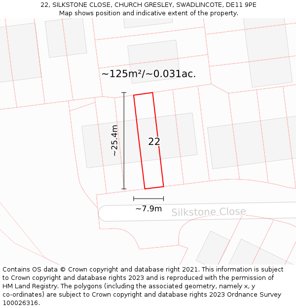 22, SILKSTONE CLOSE, CHURCH GRESLEY, SWADLINCOTE, DE11 9PE: Plot and title map