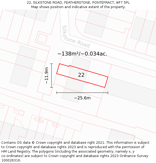 22, SILKSTONE ROAD, FEATHERSTONE, PONTEFRACT, WF7 5PL: Plot and title map