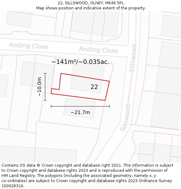 22, SILLSWOOD, OLNEY, MK46 5PL: Plot and title map
