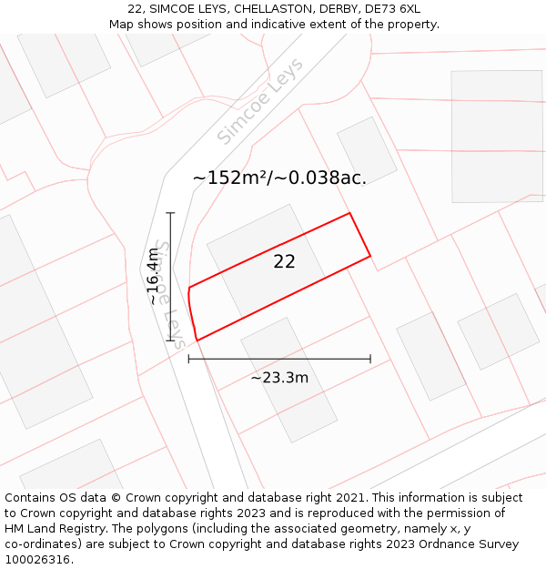 22, SIMCOE LEYS, CHELLASTON, DERBY, DE73 6XL: Plot and title map