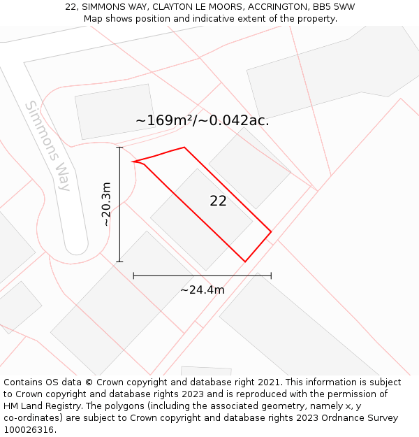 22, SIMMONS WAY, CLAYTON LE MOORS, ACCRINGTON, BB5 5WW: Plot and title map