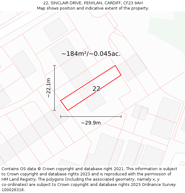 22, SINCLAIR DRIVE, PENYLAN, CARDIFF, CF23 9AH: Plot and title map